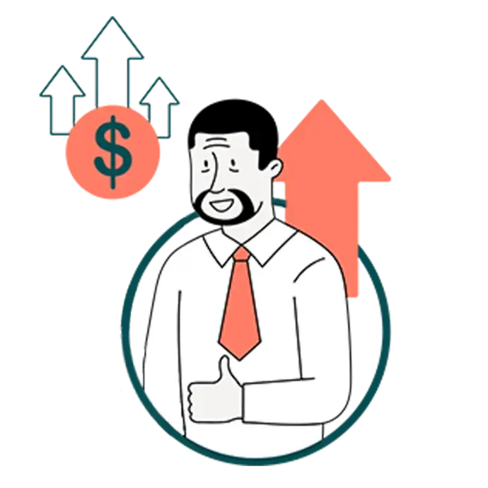 Ilustración de un hombre con una flecha hacia arriba y la moneda del dolar