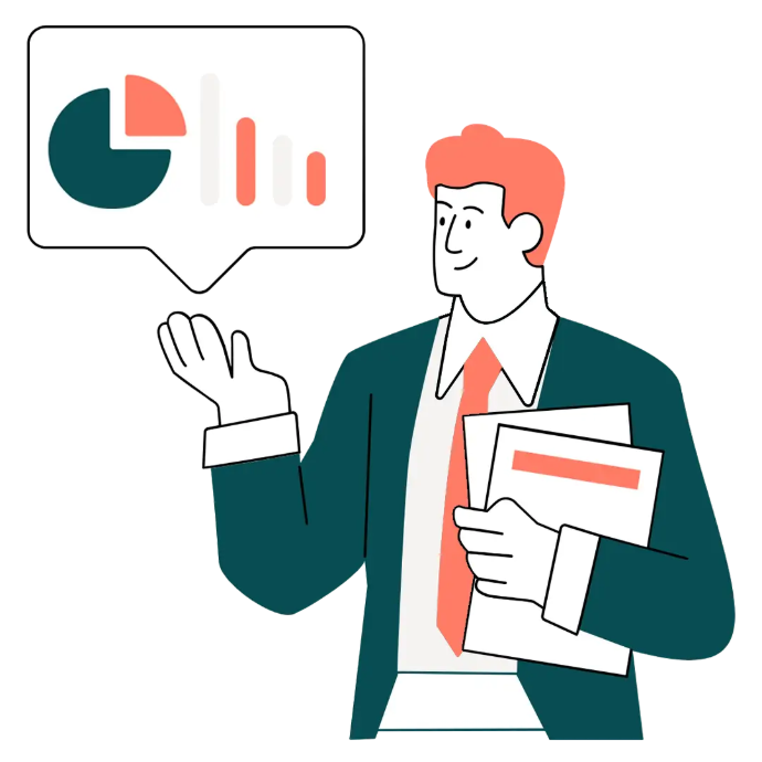 Ilustración de un hombre con papeles y una gráfica