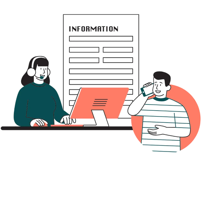 Ilustración donde aparecen una chica atendiendo por teléfono a un cliente y rellenando su información